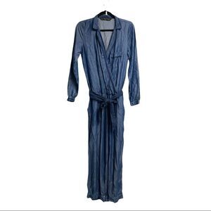 ZARA One Piece Long Sleeve Wide Leg Pants Jumpsuit Chambray Blue S